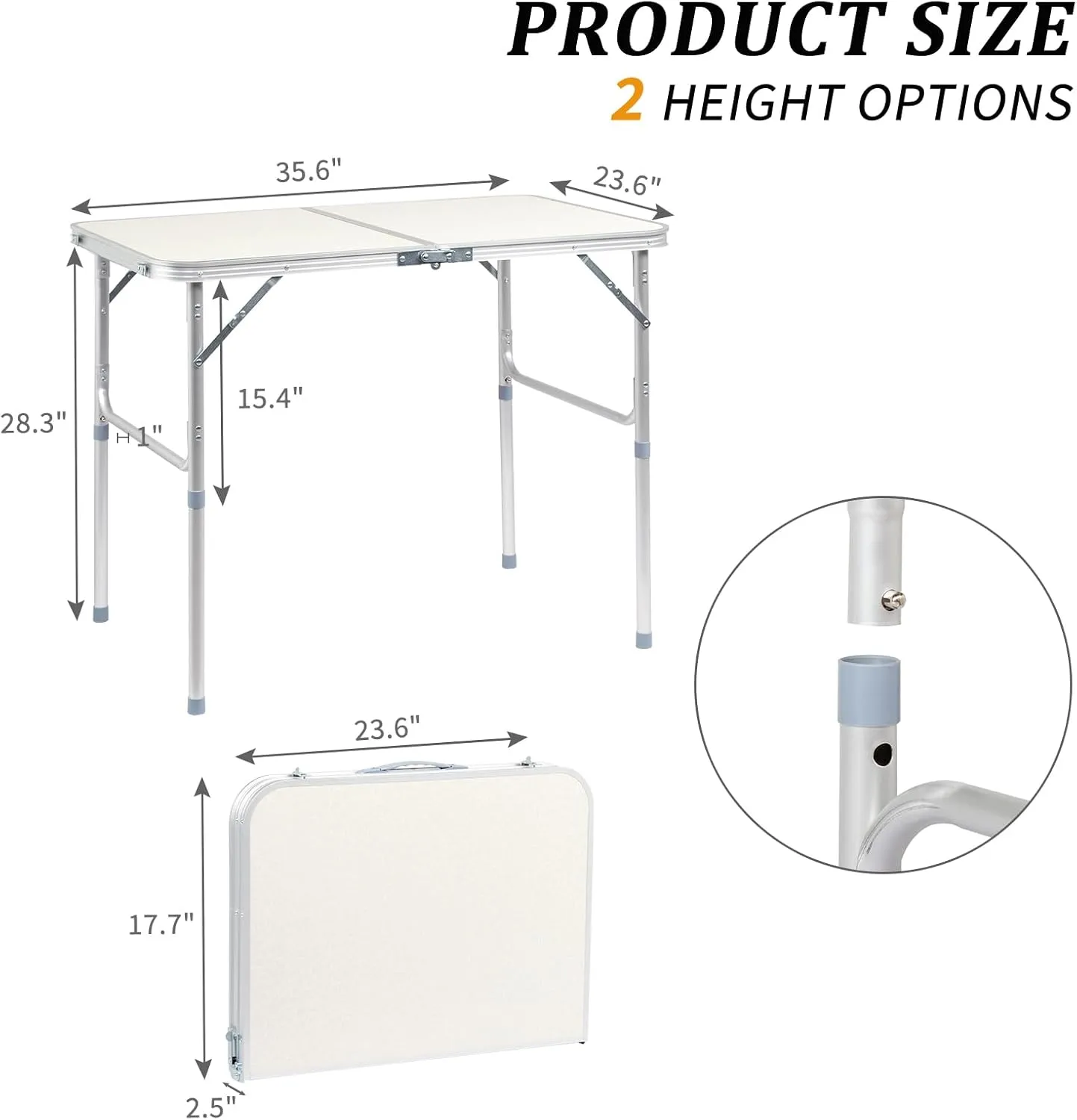 3FT Folding Camping Table with Adjustable Height Legs, Indoor Outdoor Lightweight Portable Aluminum Dining Pinic Table (White)