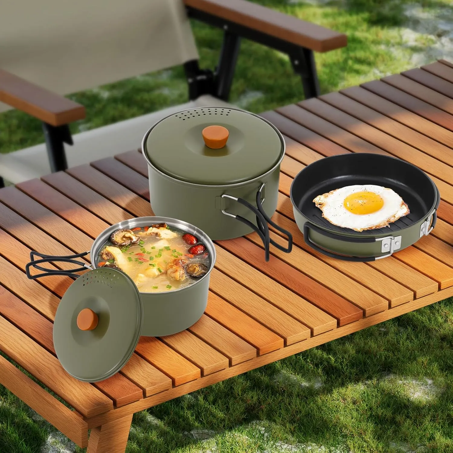 3pcs Camping Cookware Kit W/Storage Bag, Camping Cookware Set, 304 Stainless Steel Camping Pots & Pans Set, Green Campfire Cooking Equipment, Portable Non-Stick Camping Cooking Set for Beach Trips