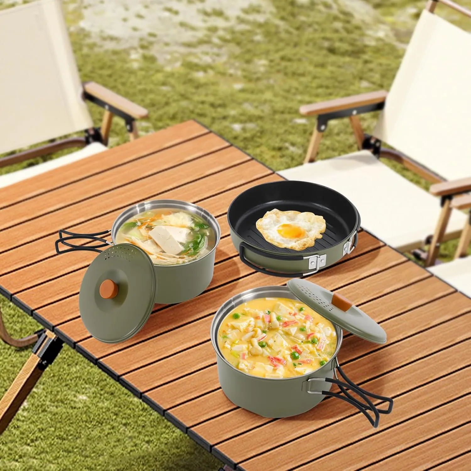 3pcs Camping Cookware Kit W/Storage Bag, Camping Cookware Set, 304 Stainless Steel Camping Pots & Pans Set, Green Campfire Cooking Equipment, Portable Non-Stick Camping Cooking Set for Beach Trips