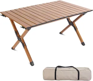 4-6 People Camping Table, Roll-Up Lightweight Picnic Table with Large Aluminum Tabletop & Carrying Bag, Portable Outdoor Folding Table for Hiking, Backpacking & Fishing(Carbon Steel Wood Gra