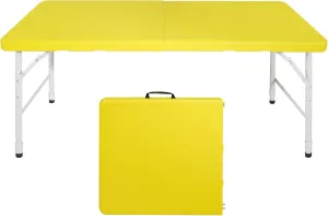 4 Foot Portable Folding Table Adjustable Height Lightweight Indoor Outdoor Picnic Beach Camping Dining Fold Out Table, Iron Utility Table Folding Desk with Carry Handle (Yellow, 4ft)