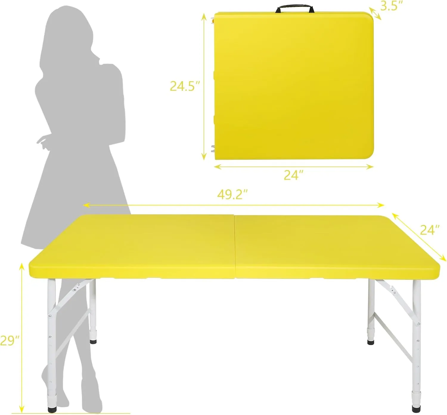 4 Foot Portable Folding Table Adjustable Height Lightweight Indoor Outdoor Picnic Beach Camping Dining Fold Out Table, Iron Utility Table Folding Desk with Carry Handle (Yellow, 4ft)