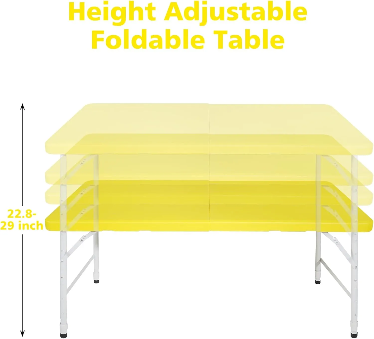 4 Foot Portable Folding Table Adjustable Height Lightweight Indoor Outdoor Picnic Beach Camping Dining Fold Out Table, Iron Utility Table Folding Desk with Carry Handle (Yellow, 4ft)