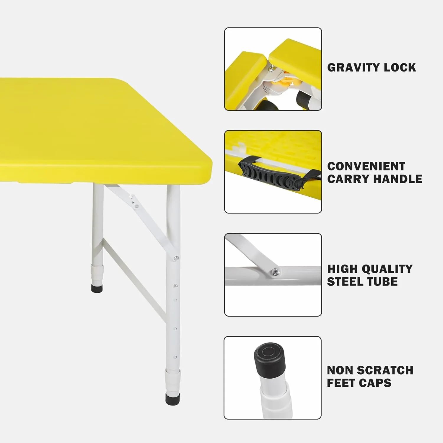 4 Foot Portable Folding Table Adjustable Height Lightweight Indoor Outdoor Picnic Beach Camping Dining Fold Out Table, Iron Utility Table Folding Desk with Carry Handle (Yellow, 4ft)