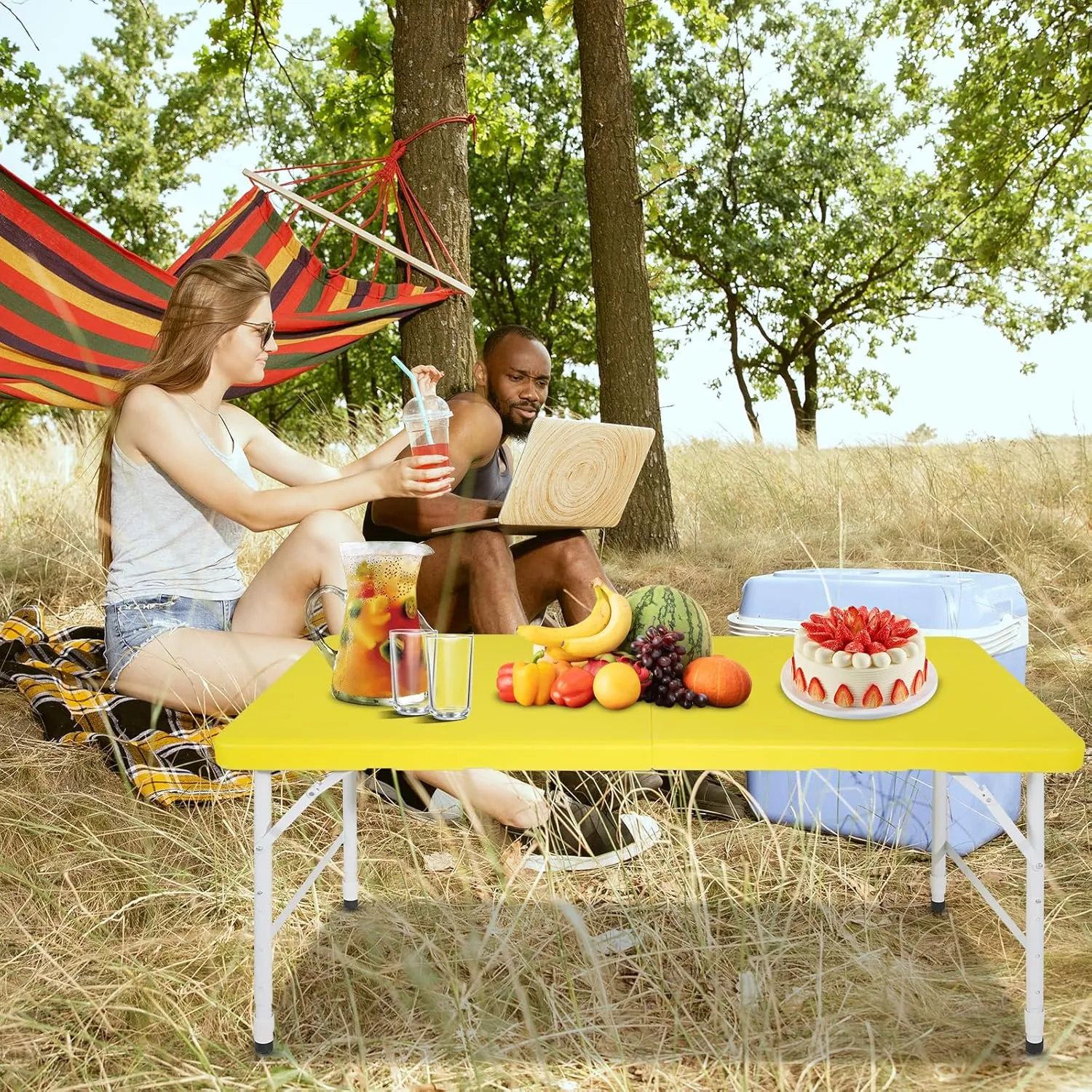 4 Foot Portable Folding Table Adjustable Height Lightweight Indoor Outdoor Picnic Beach Camping Dining Fold Out Table, Iron Utility Table Folding Desk with Carry Handle (Yellow, 4ft)