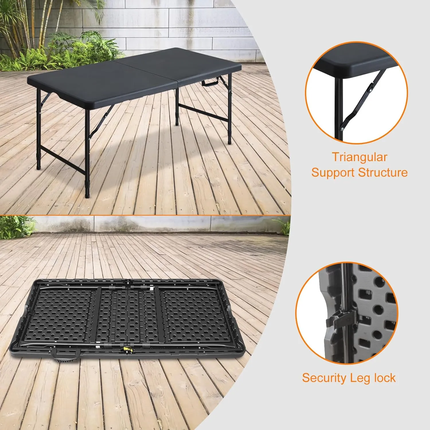 4 FT Folding Table with Carry Handle, Portable Fold-in-Half Plastic Table, Rectangle Foldable Table for Indoor/Outdoor Black