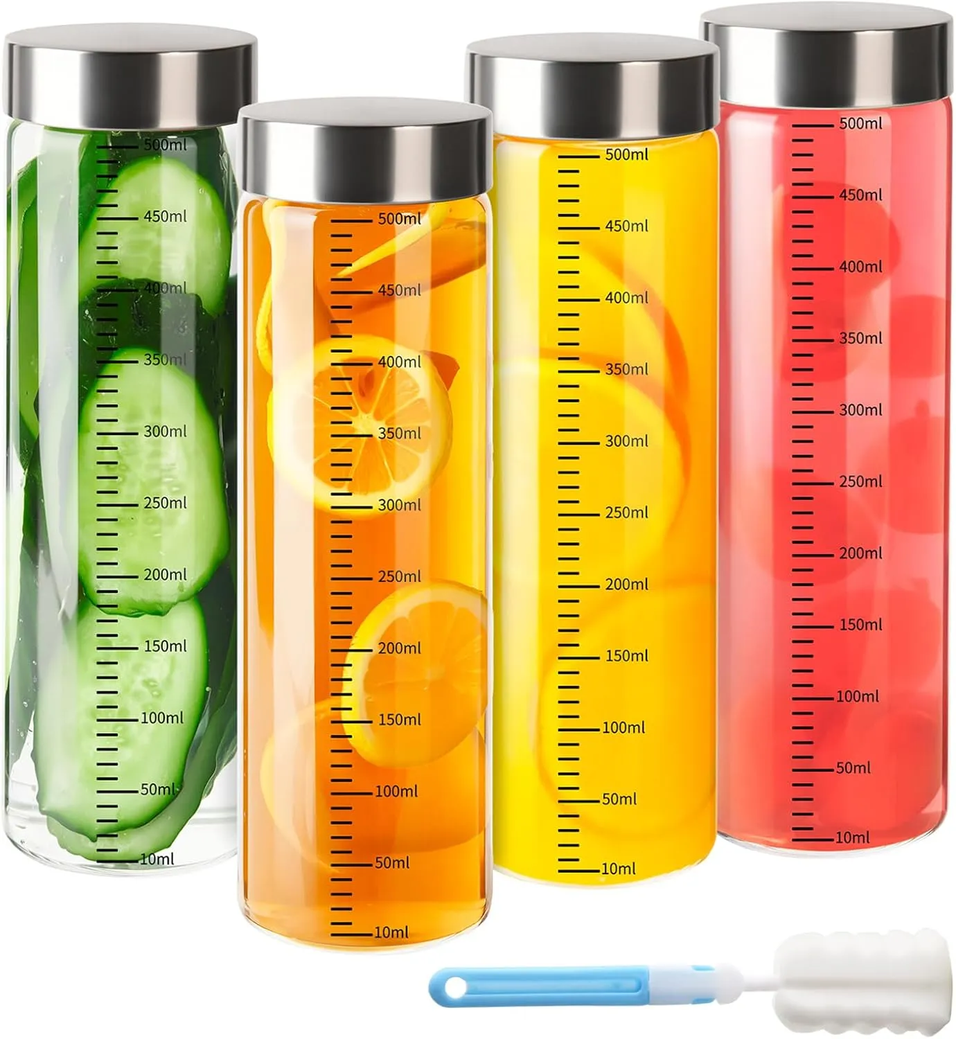 4 Pack 16 oz Glass Juice Bottles with Stainless Steel Lids Wide Mouth Borosilicate Glass Shaker bottle for Juicing, Protein, Smoothies, Reusable, Leak Proof, Dishwasher Safe Glass Water Bottles