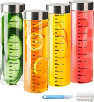 4 Pack 16 oz Glass Juice Bottles with Stainless Steel Lids Wide Mouth Borosilicate Glass Shaker bottle for Juicing, Protein, Smoothies, Reusable, Leak Proof, Dishwasher Safe Glass Water Bottles