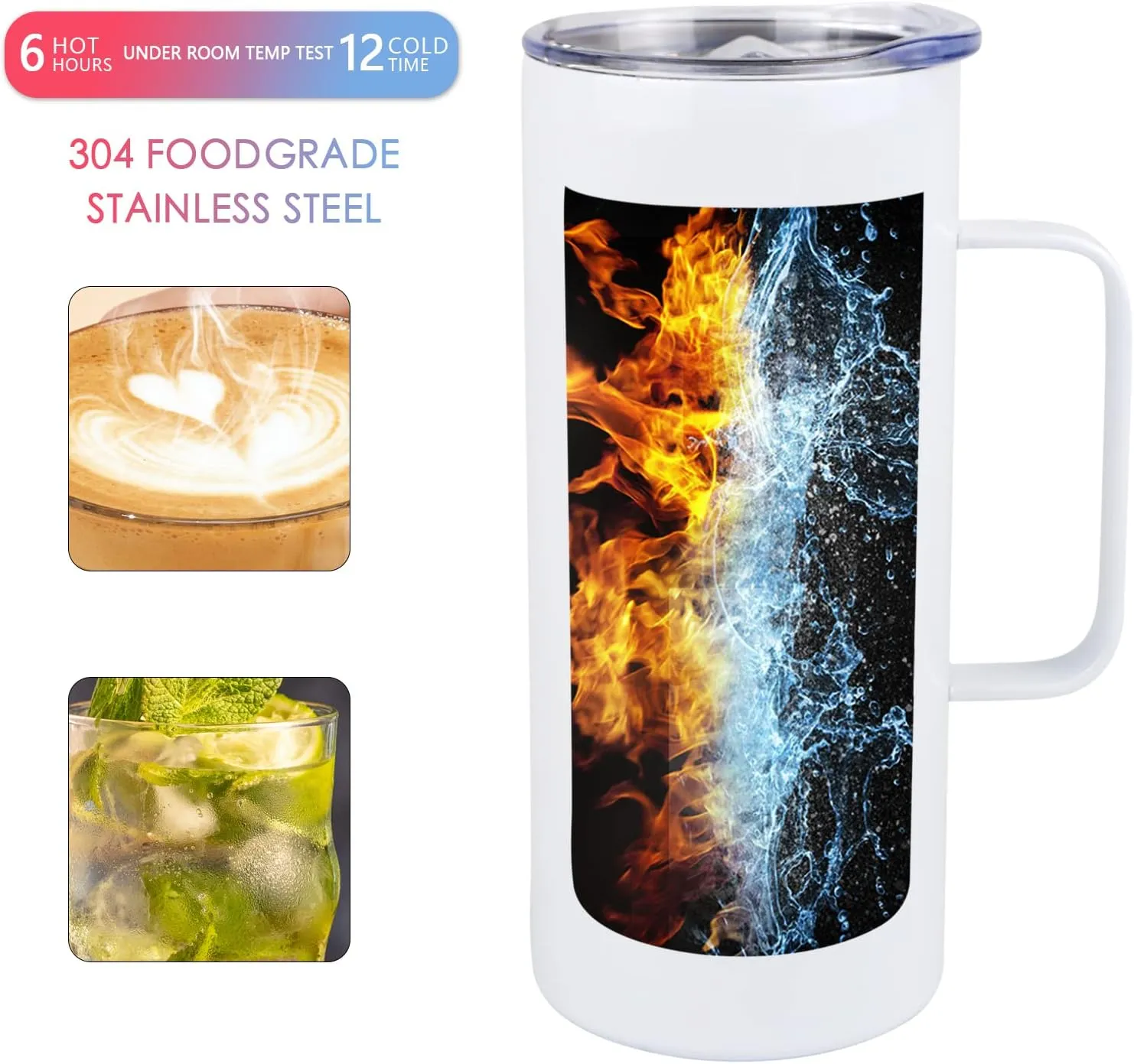 4 Pcs Sublimation Blank Skinny Tumbler 16 OZ White Mugs with Handle and Straw Double Wall Stainless Steel Coffee Travel Straight Mug with Sliding Lid