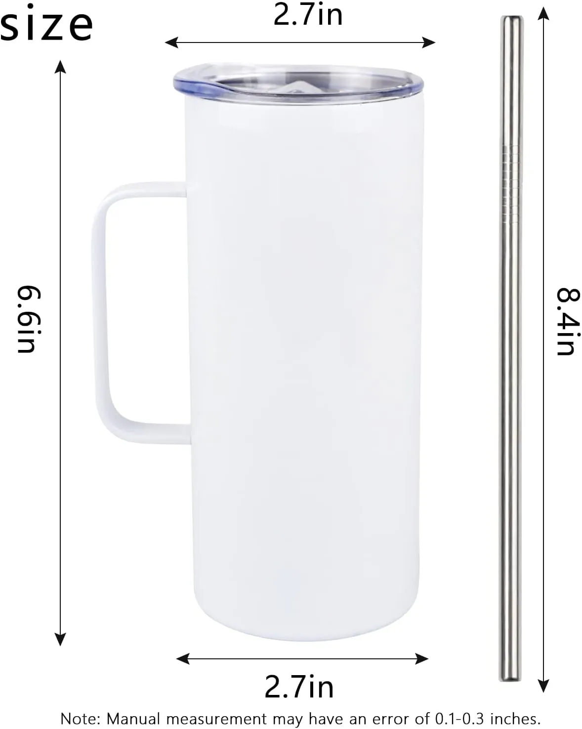 4 Pcs Sublimation Blank Skinny Tumbler 16 OZ White Mugs with Handle and Straw Double Wall Stainless Steel Coffee Travel Straight Mug with Sliding Lid