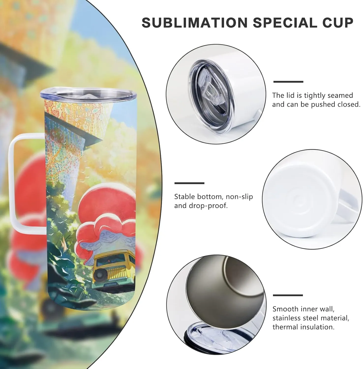 4 Pcs Sublimation Blank Skinny Tumbler 16 OZ White Mugs with Handle and Straw Double Wall Stainless Steel Coffee Travel Straight Mug with Sliding Lid