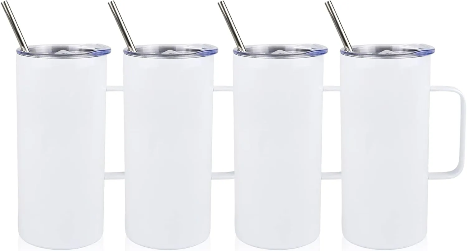4 Pcs Sublimation Blank Skinny Tumbler 16 OZ White Mugs with Handle and Straw Double Wall Stainless Steel Coffee Travel Straight Mug with Sliding Lid