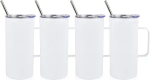 4 Pcs Sublimation Blank Skinny Tumbler 16 OZ White Mugs with Handle and Straw Double Wall Stainless Steel Coffee Travel Straight Mug with Sliding Lid