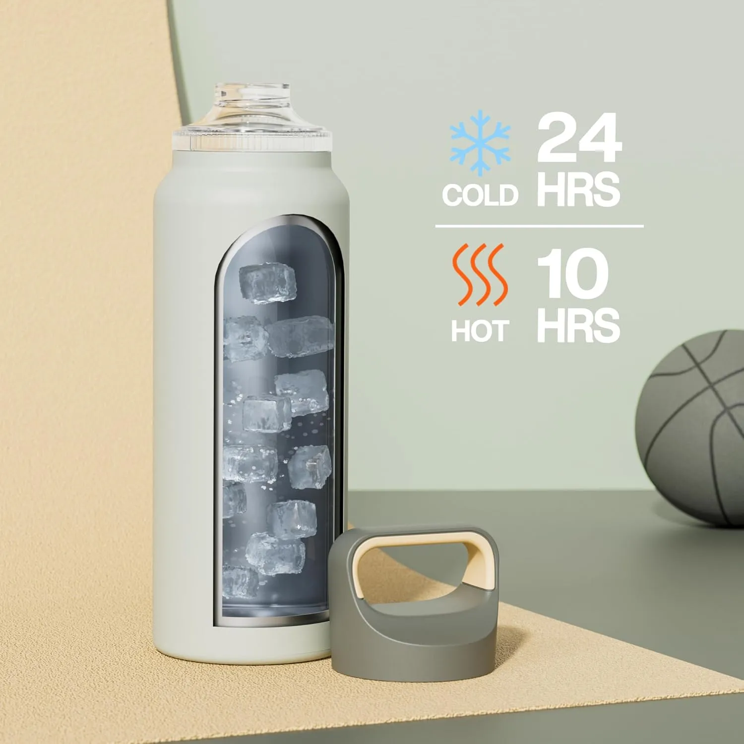 40 oz Insulated Water Bottle for Fishing: 3 Lids, Leakproof, Keep Ice 24H and Hot 12H, Double Wall, Large Metal Water Flask with Handle for Sports, Camping, Hiking, Climbing, Travel (Sage Gray)