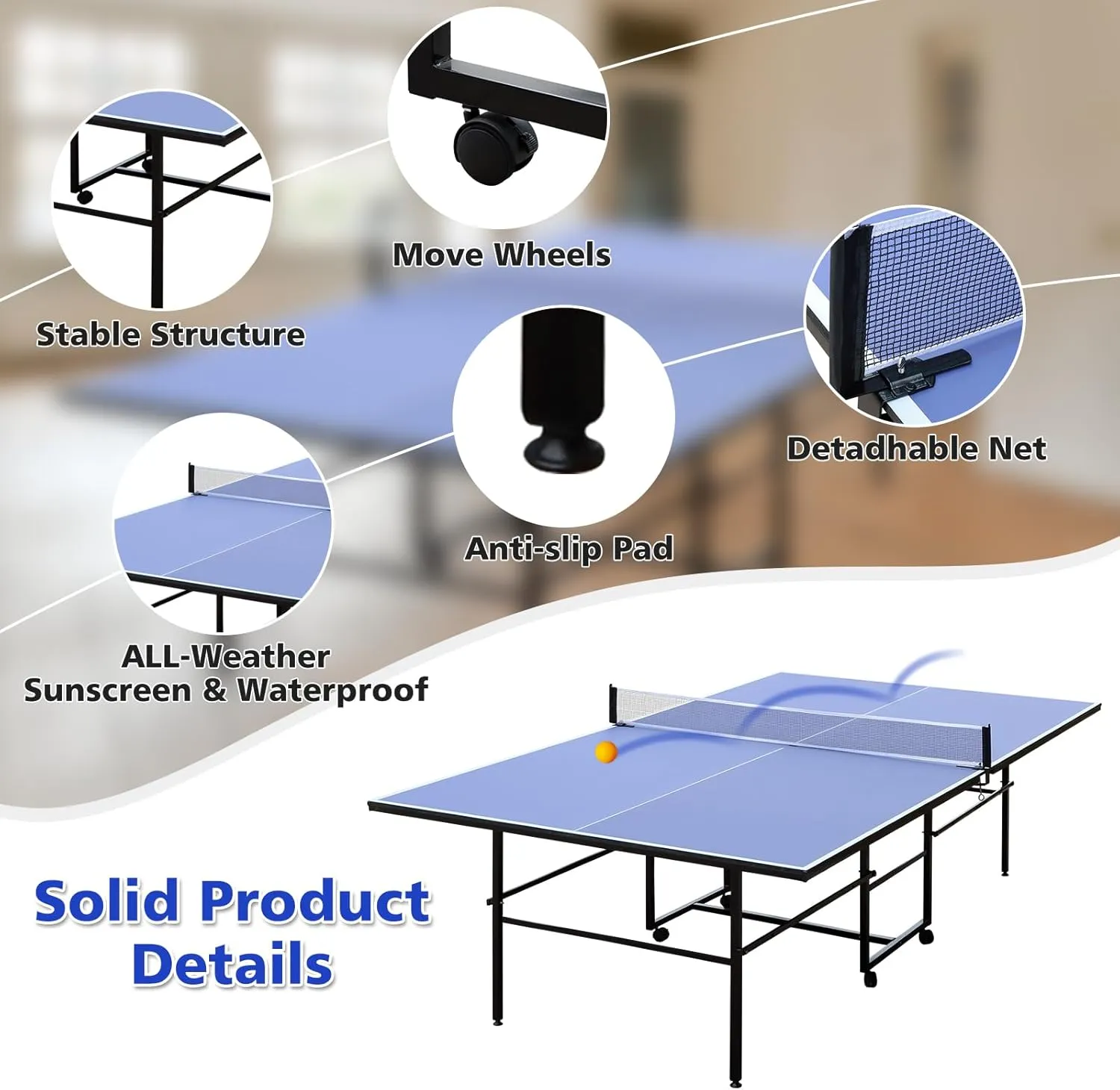 4.5/6ft/9ft Mid-Size Portable Ping Pong Tables Set, Foldable Table Tennis Table with Net,2 Paddles & 3 Balls, Professional MDF Tables for Indoor/Outdoor Multi-Use Free Standing Ping Pong Table