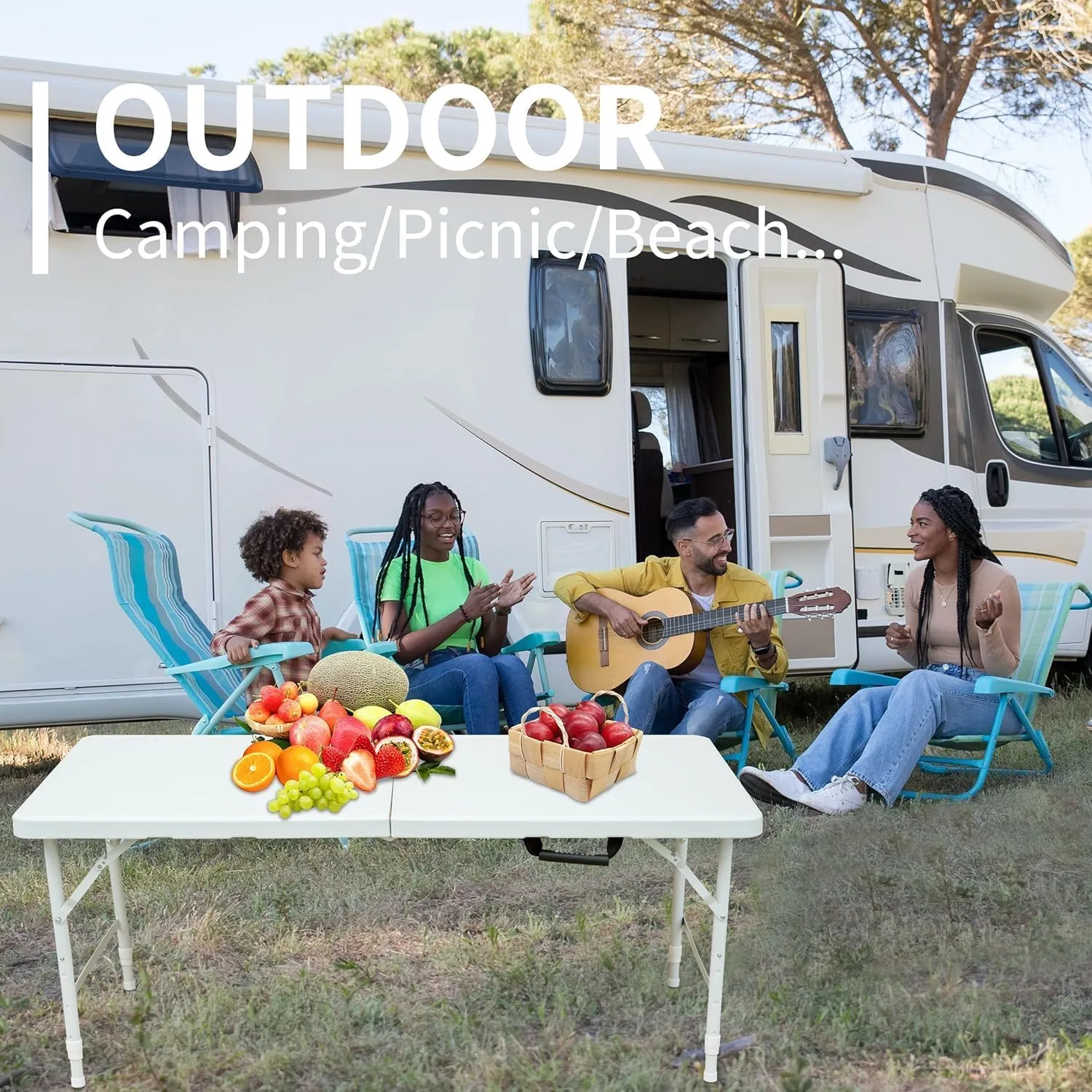 4FT Adjustable Height Outdoor Folding Table: Fold-in-Half Design with Handle, Lightweight Waterproof Plastic & Steel Picnic Table for Camping, Patio, Tailgating