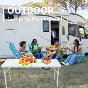 4FT Adjustable Height Outdoor Folding Table: Fold-in-Half Design with Handle, Lightweight Waterproof Plastic & Steel Picnic Table for Camping, Patio, Tailgating