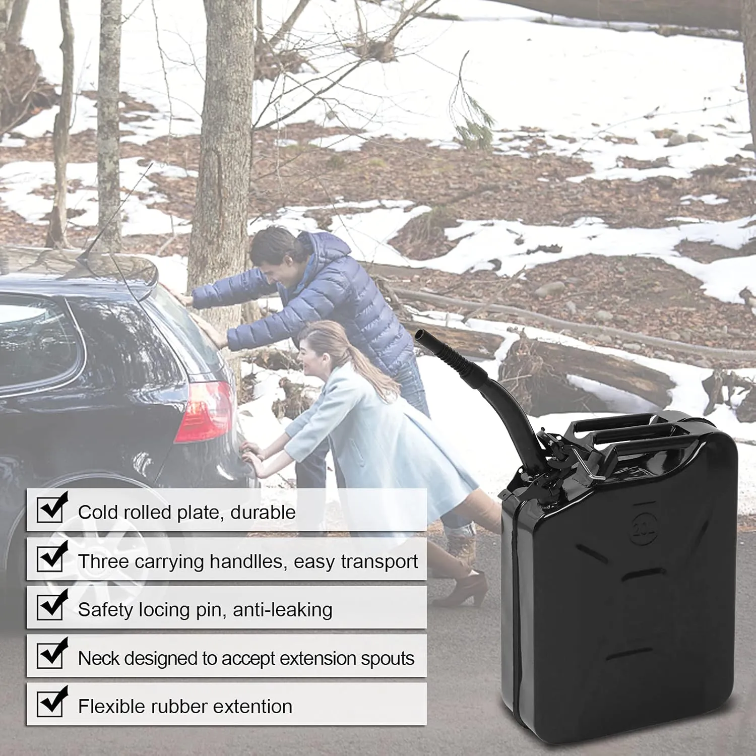 5 Gallon Metal Container with Spout and Handle for Water Liquid 20L Sturdy Storage Jar for Cars Trucks Motorcycle Automotive Equipment (Black, 2 Pack)