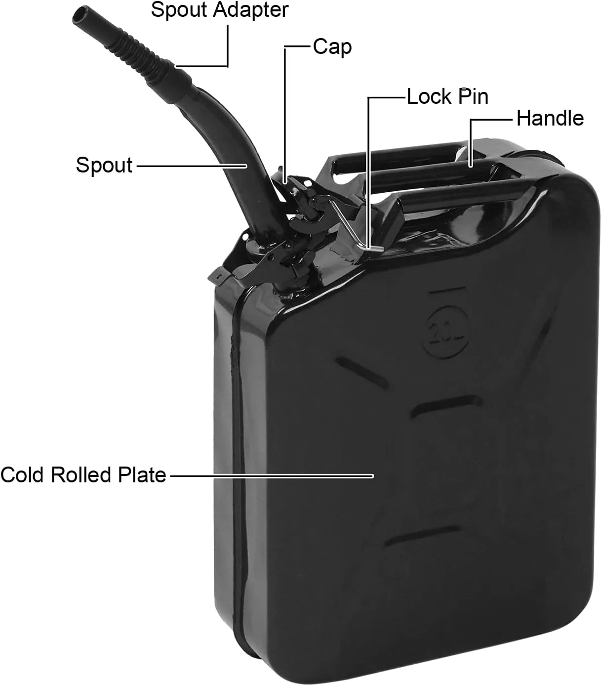 5 Gallon Metal Container with Spout and Handle for Water Liquid 20L Sturdy Storage Jar for Cars Trucks Motorcycle Automotive Equipment (Black, 2 Pack)