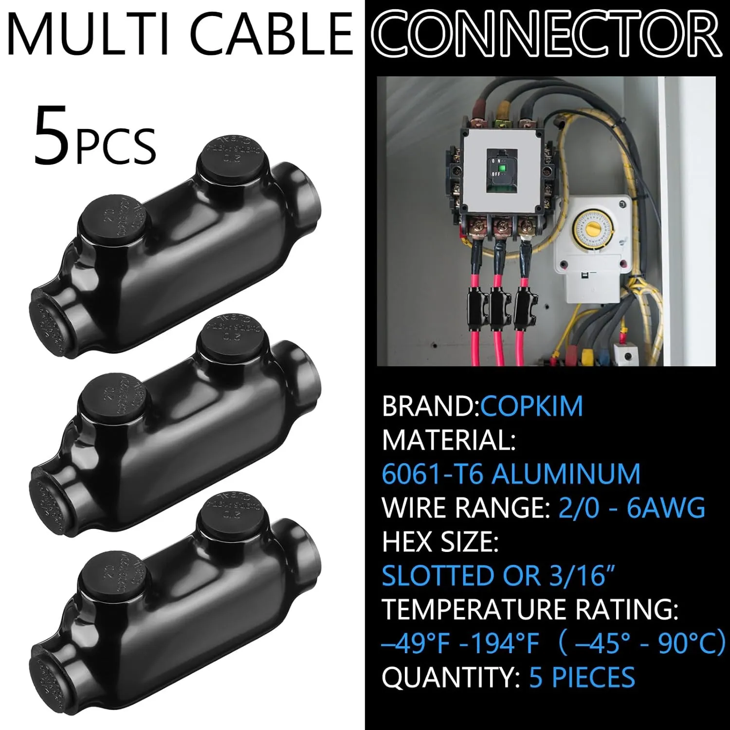 5 Pcs Insulated Wire Connectors Black Splice Connector 2 Ports Multi Cable Soldering Lugs Double Side Entry Cable Splicers with Oxide Inhibitor (2/0-6 Wire Range)