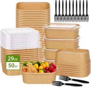 50-Pack 29oz Disposable Kraft Paper Bowls【with Lids and Forks】, Meal Prep Containers Disposable Large Paper Bowls, Leakproof Deli Food Containers Treat Serving Bowls, Microwave Safe for Hot/Cold Food