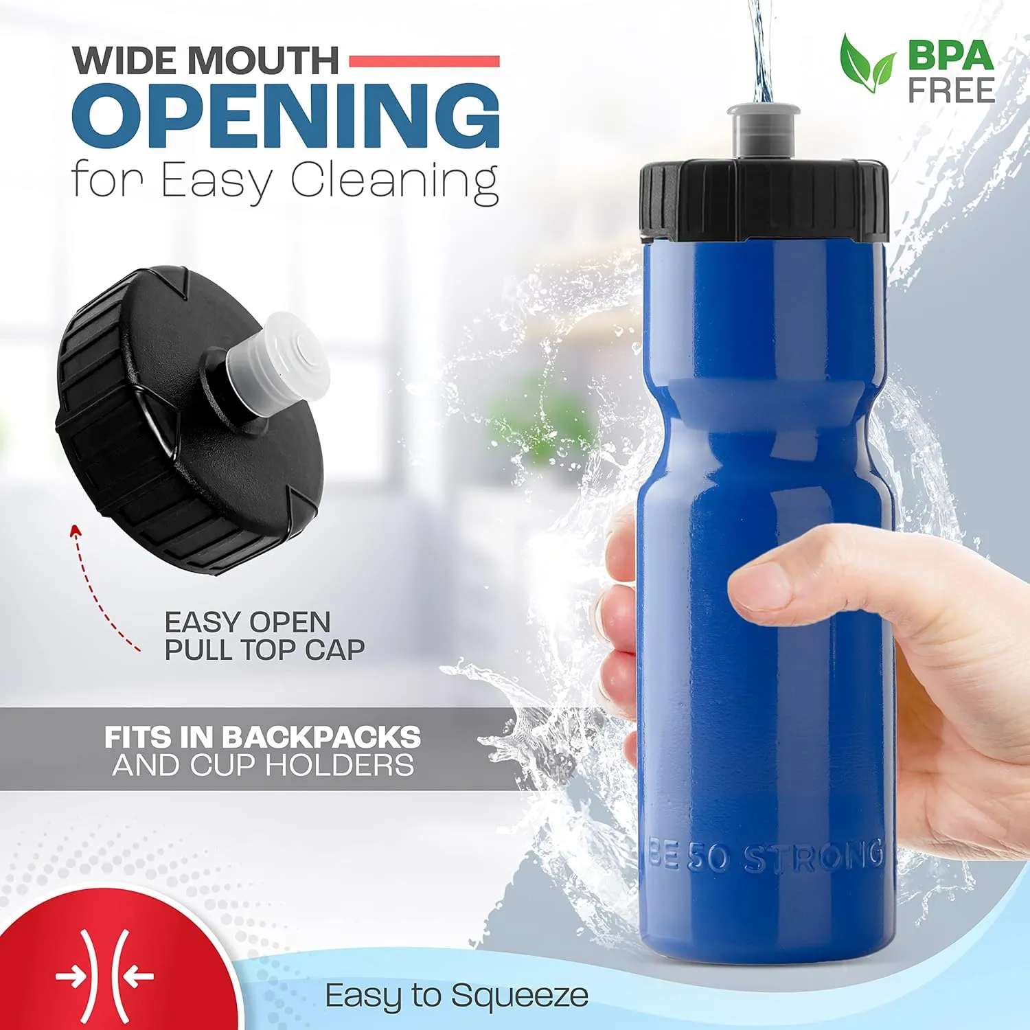 50 Strong Bulk Water Bottles | 24 Pack Sports Bottle | 22 oz. BPA-Free Easy Open with Pull Top Cap | Made in USA | Reusable Plastic Water Bottles for Adults & Kids | Top Rack Dishwasher Safe