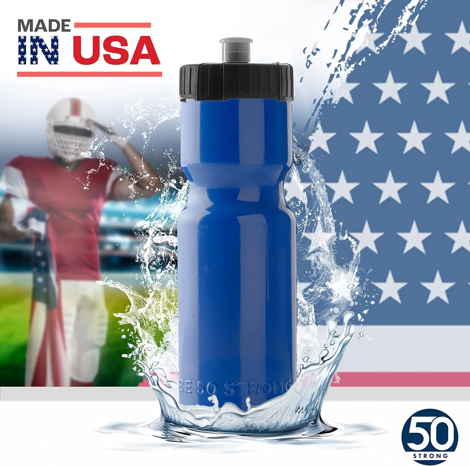 50 Strong Bulk Water Bottles | 24 Pack Sports Bottle | 22 oz. BPA-Free Easy Open with Pull Top Cap | Made in USA | Reusable Plastic Water Bottles for Adults & Kids | Top Rack Dishwasher Safe