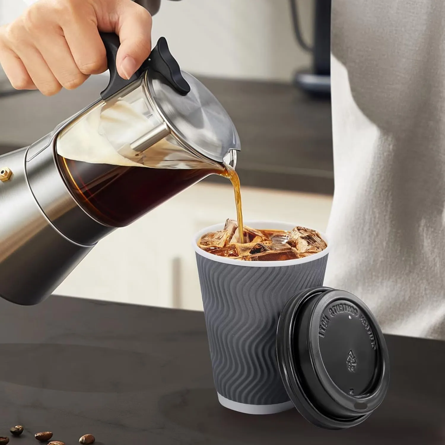 500 Pack Coffee Cups with Lids 12oz, Disposable Insulated Ripple Wall To Go Paper Coffee Cups for Hot/Cold Drinks Office Home Shop Event (Grey)