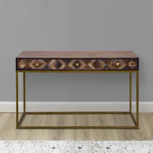 51 Inch 3 Drawer Mango Wood Console Table, Diamond Textured Panels, Metal Frame - Brown