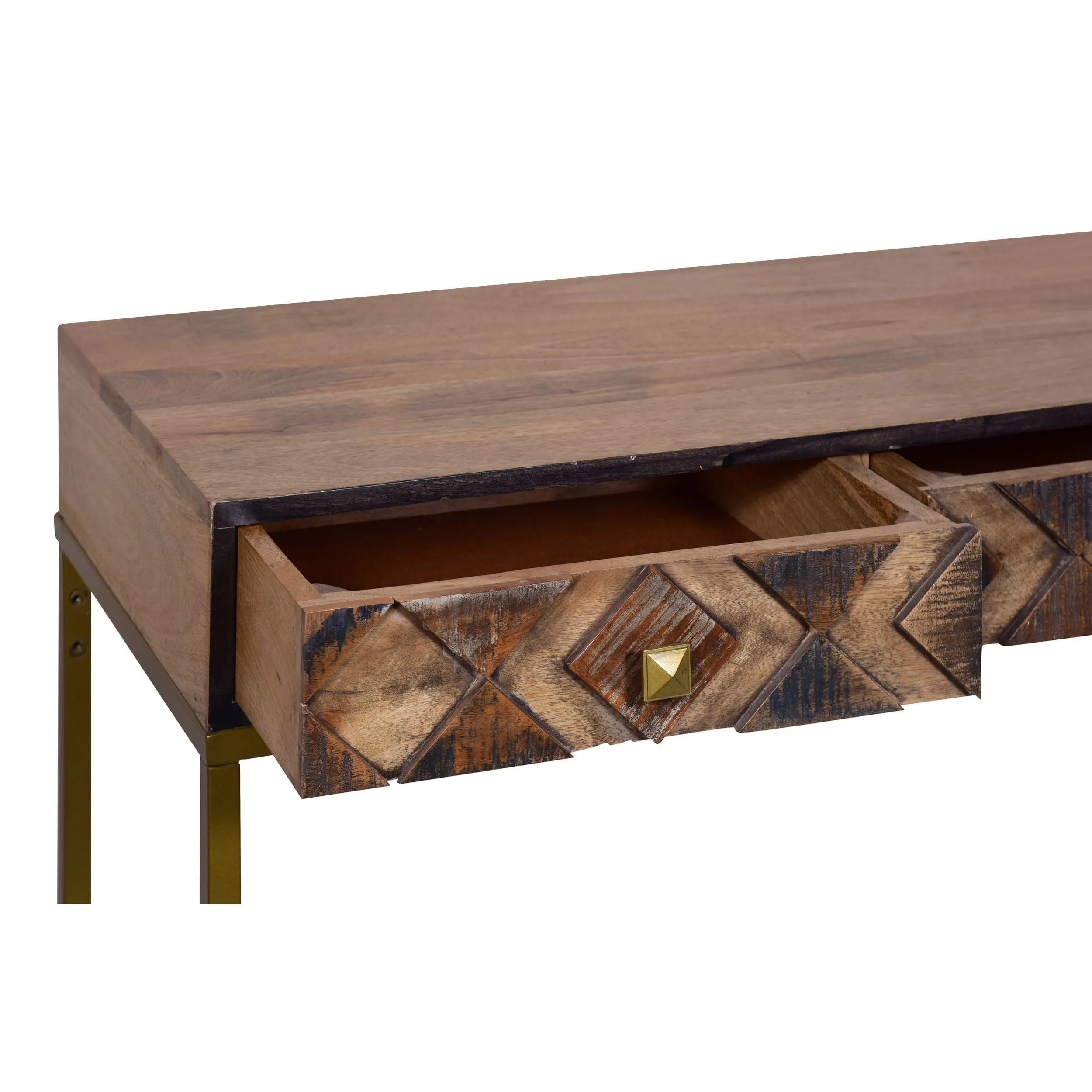 51 Inch 3 Drawer Mango Wood Console Table, Diamond Textured Panels, Metal Frame - Brown