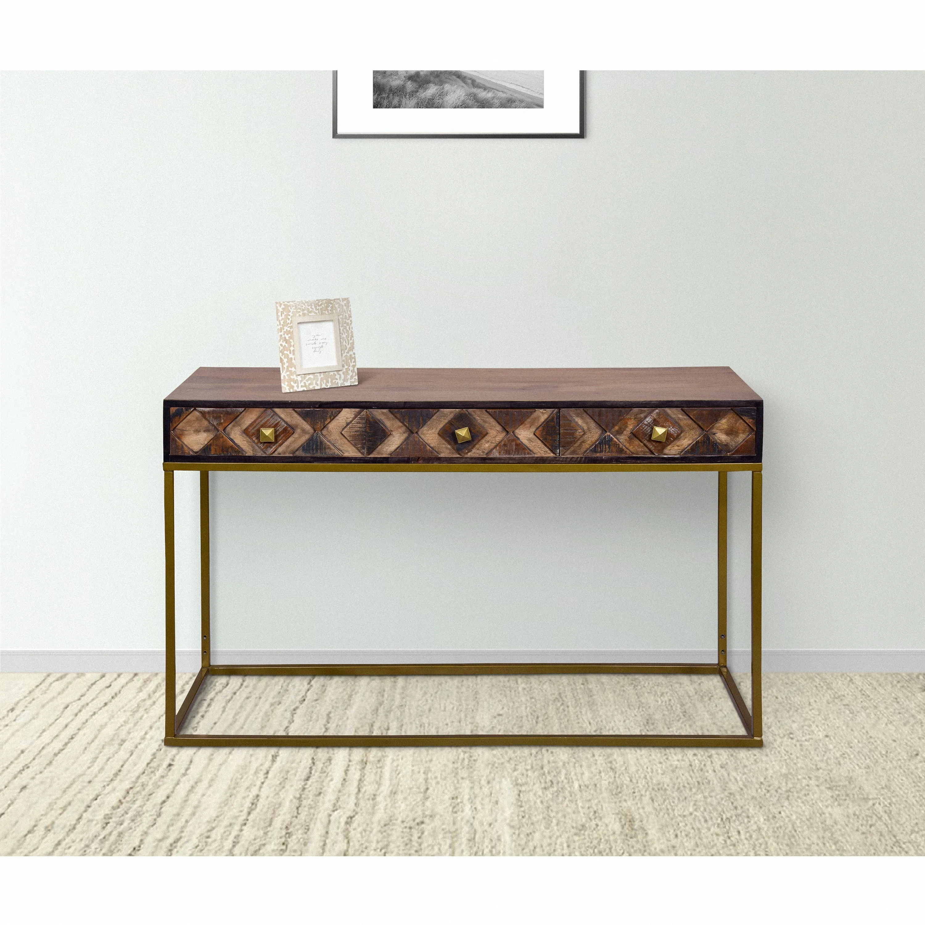 51 Inch 3 Drawer Mango Wood Console Table, Diamond Textured Panels, Metal Frame - Brown