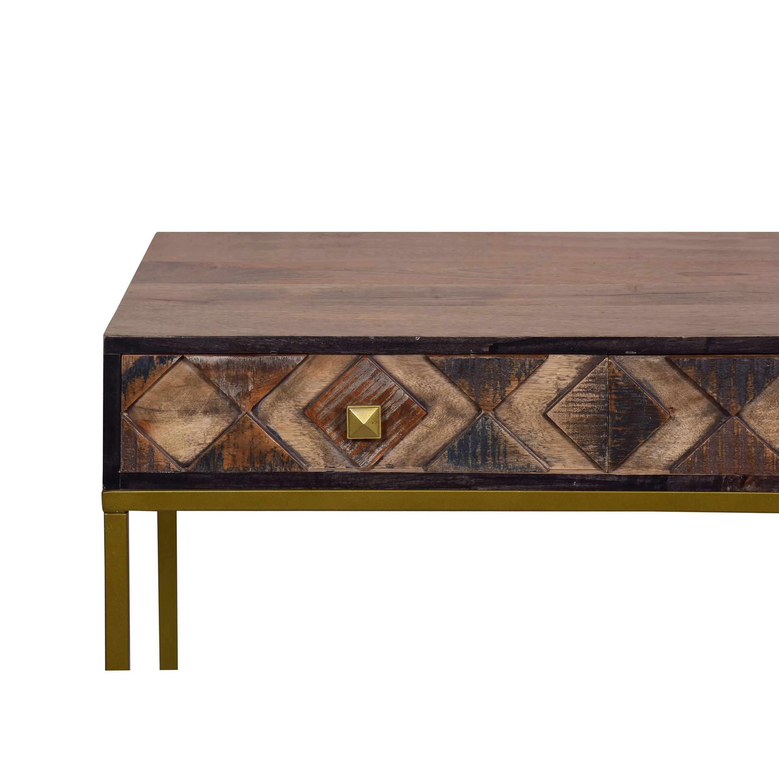 51 Inch 3 Drawer Mango Wood Console Table, Diamond Textured Panels, Metal Frame - Brown