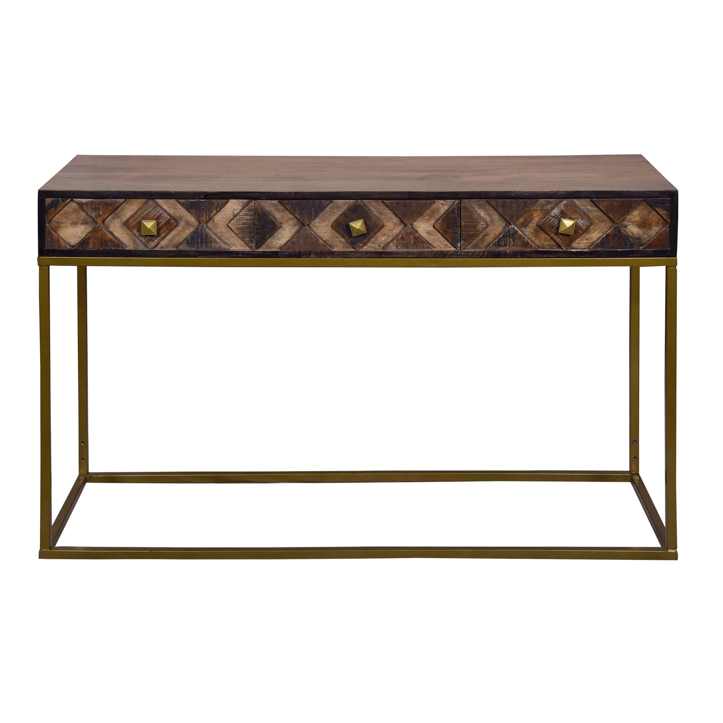 51 Inch 3 Drawer Mango Wood Console Table, Diamond Textured Panels, Metal Frame - Brown