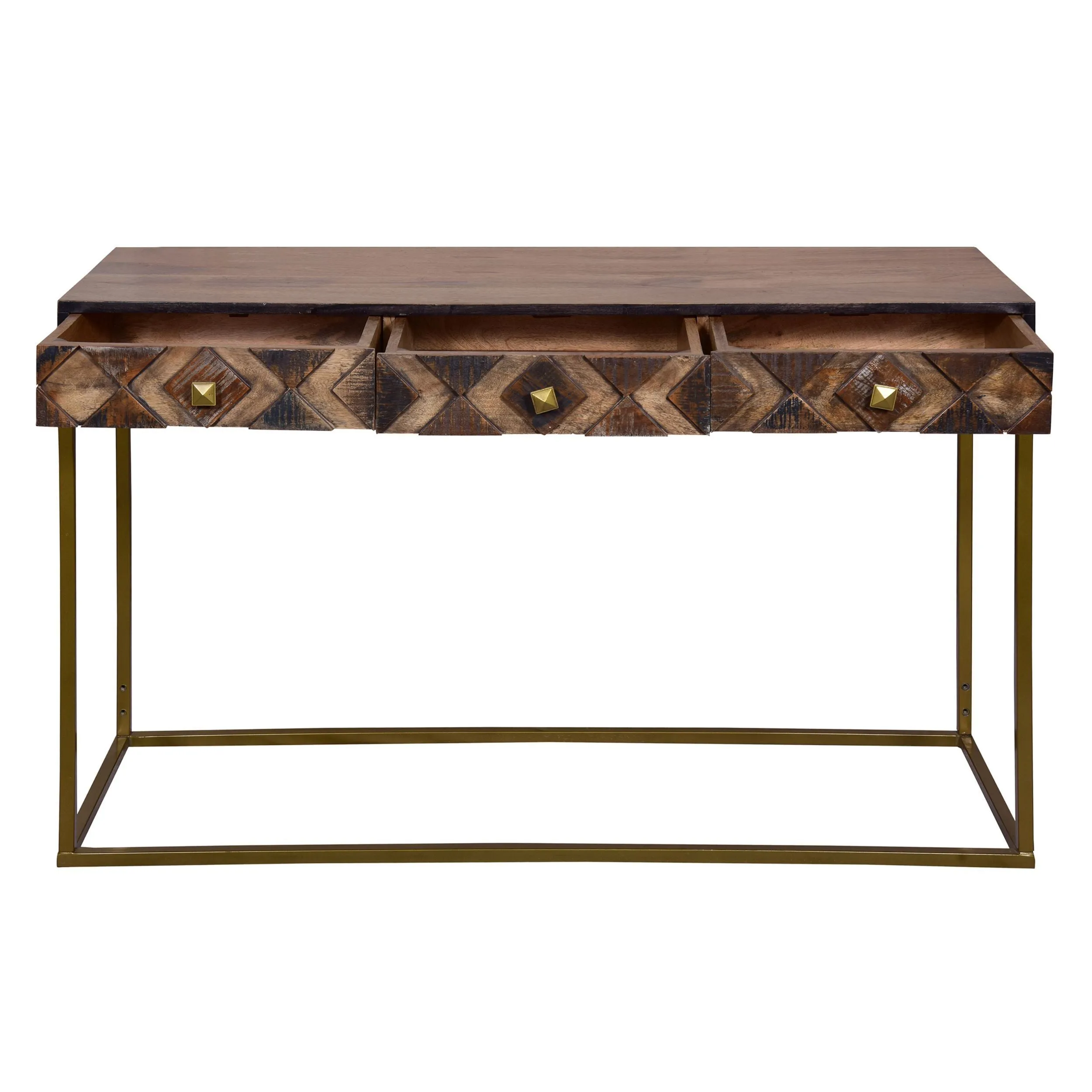51 Inch 3 Drawer Mango Wood Console Table, Diamond Textured Panels, Metal Frame - Brown