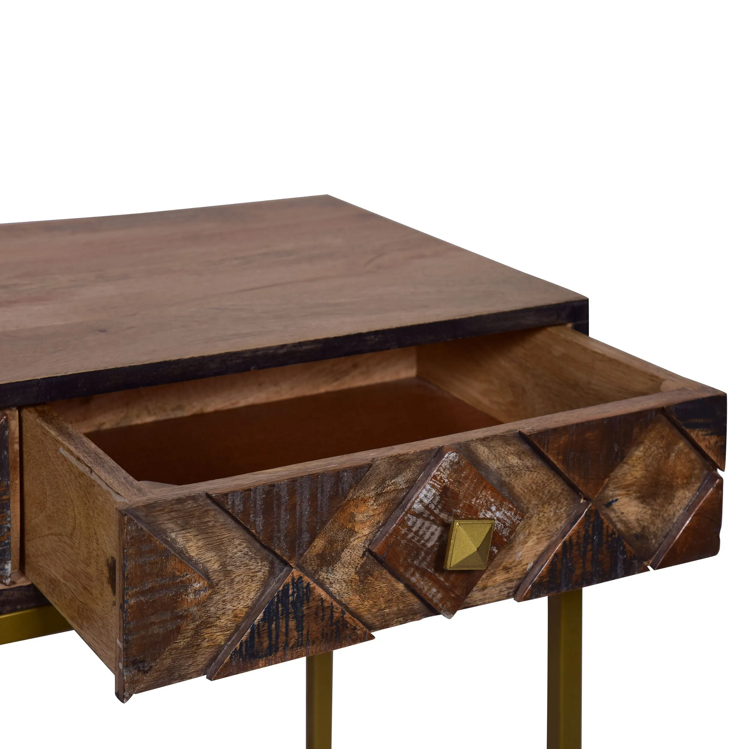 51 Inch 3 Drawer Mango Wood Console Table, Diamond Textured Panels, Metal Frame - Brown