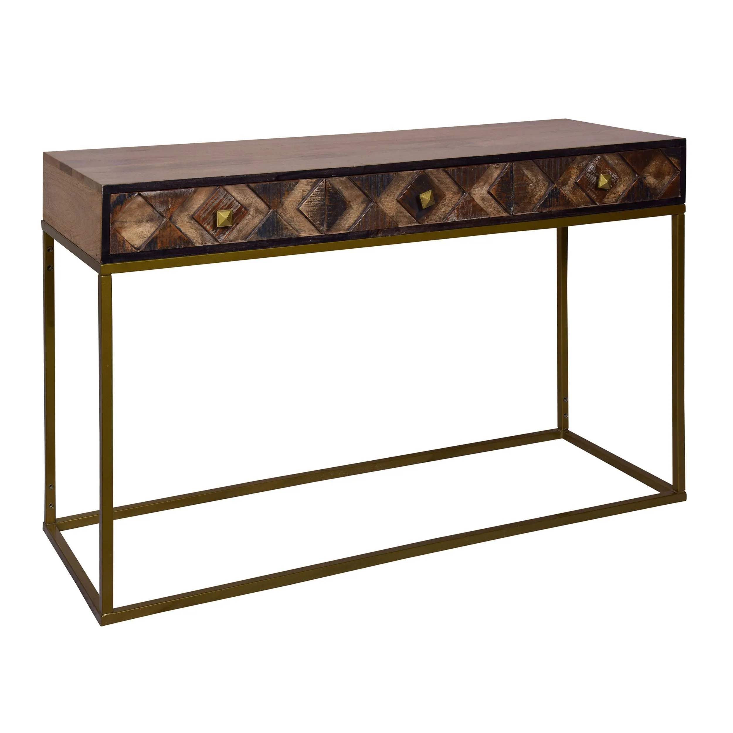 51 Inch 3 Drawer Mango Wood Console Table, Diamond Textured Panels, Metal Frame - Brown