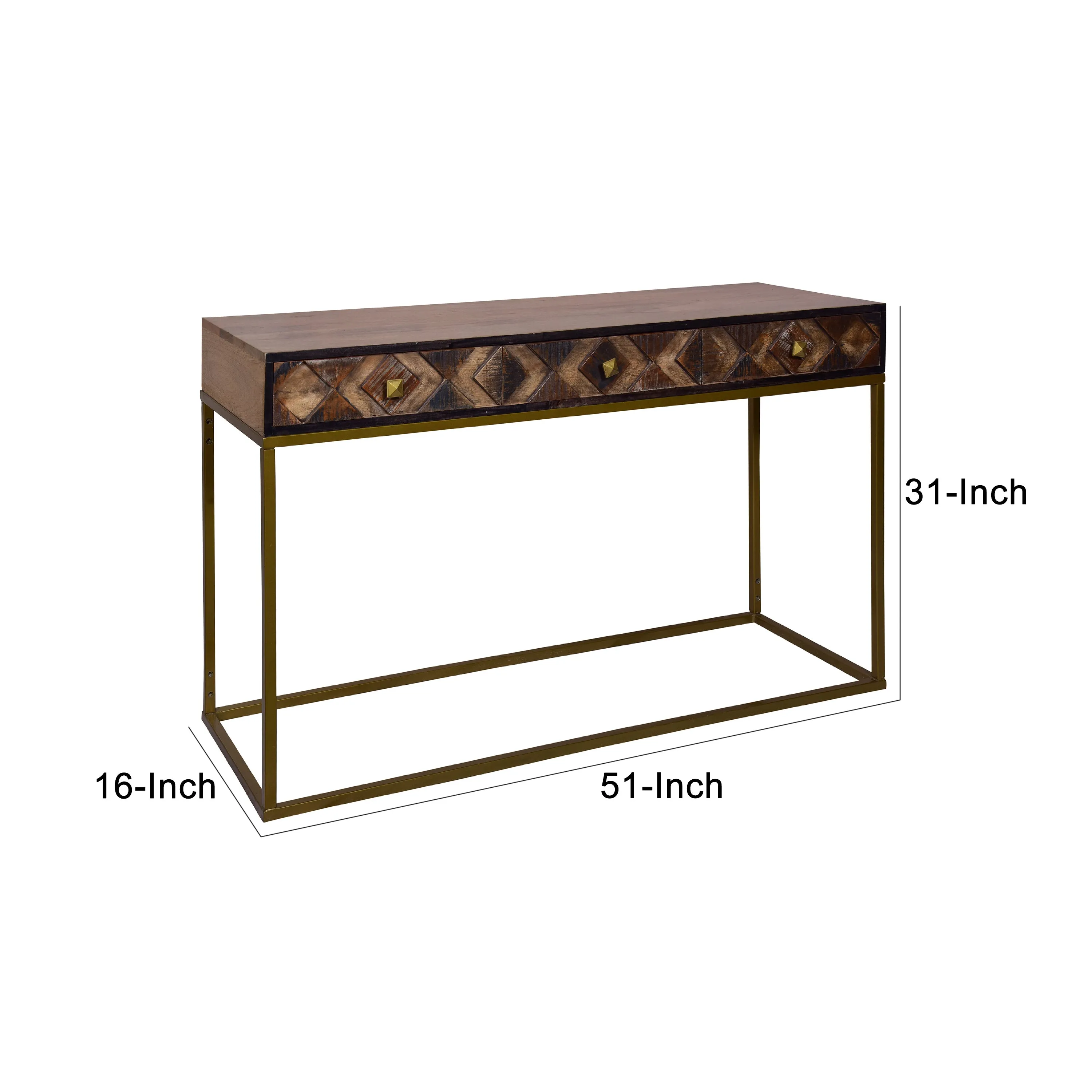51 Inch 3 Drawer Mango Wood Console Table, Diamond Textured Panels, Metal Frame - Brown