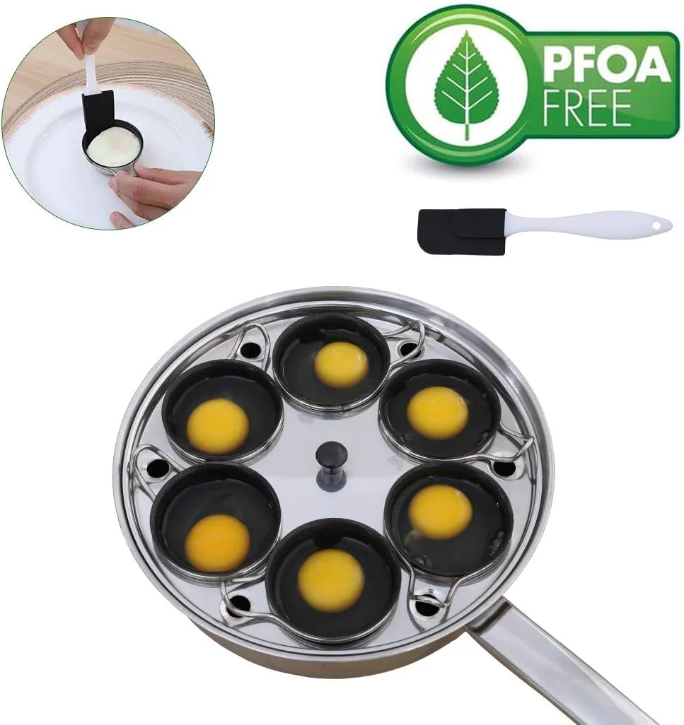 6 Cups Egg Poacher Pan - Stainless Steel Poached Egg Cooker – Induction Cooktop Egg Poachers Cookware Set with 4 Nonstick Large PFOA FREE Egg Poacher Cups and Silicone Spatula