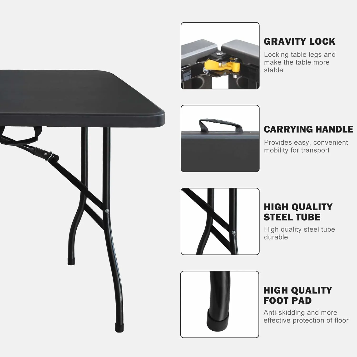 6 Foot Portable Folding Table Large Lightweight Indoor Outdoor Picnic Beach Camping Dining Fold Out Table, Iron Utility Table Folding Desk with Carry Handle, Black
