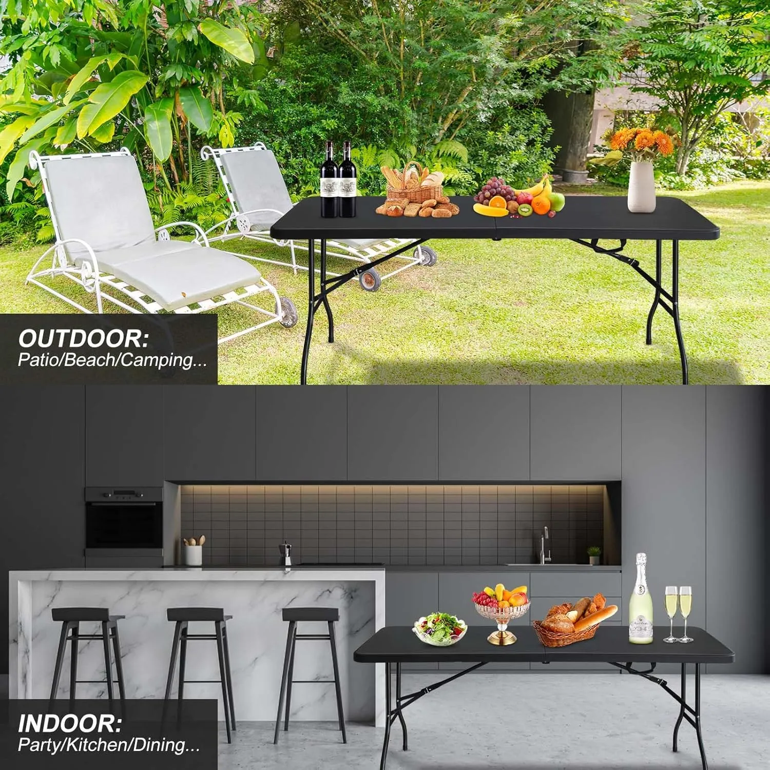 6 Foot Portable Folding Table Large Lightweight Indoor Outdoor Picnic Beach Camping Dining Fold Out Table, Iron Utility Table Folding Desk with Carry Handle, Black
