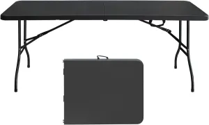 6 Foot Portable Folding Table Large Lightweight Indoor Outdoor Picnic Beach Camping Dining Fold Out Table, Iron Utility Table Folding Desk with Carry Handle, Black