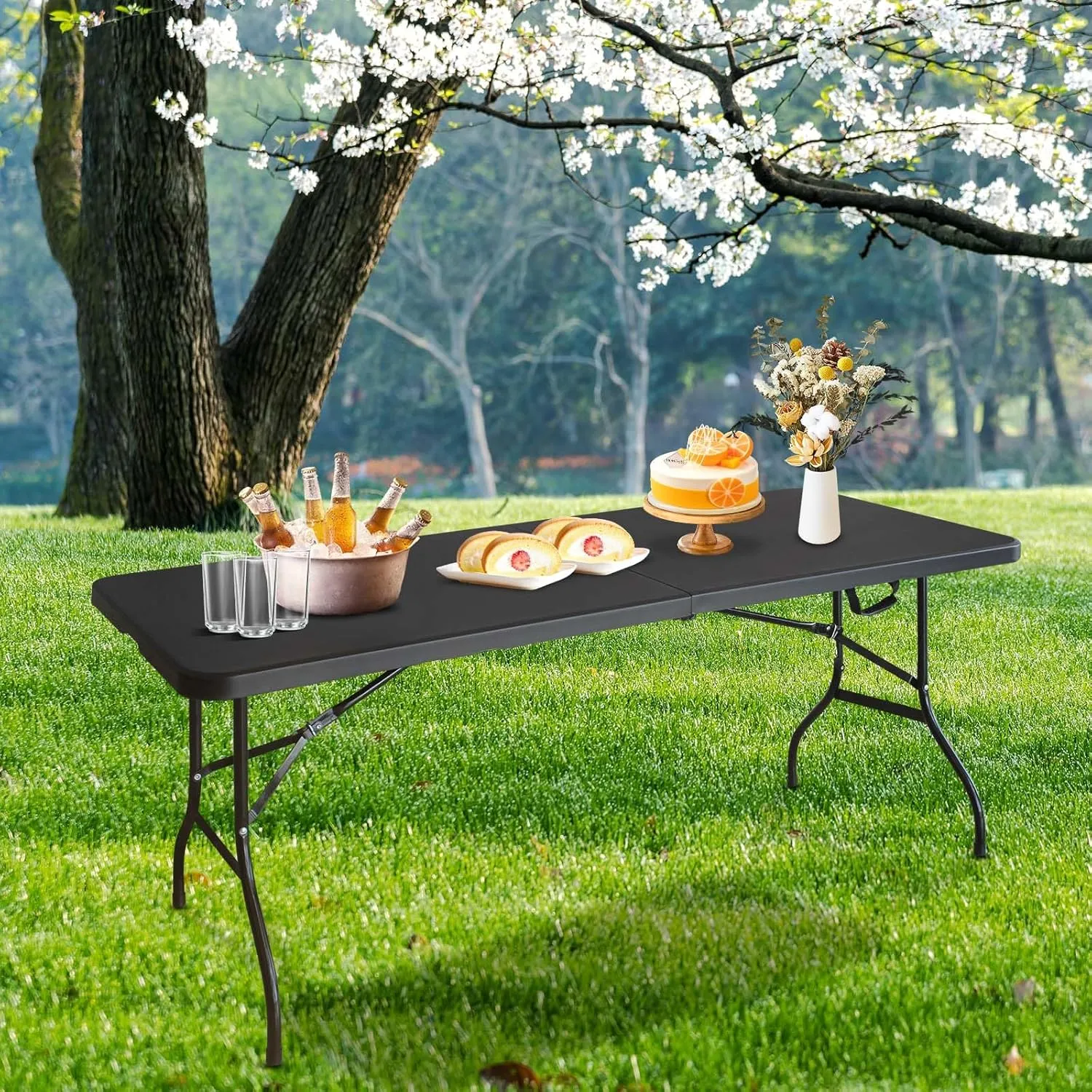 6 Foot Portable Folding Table Large Lightweight Indoor Outdoor Picnic Beach Camping Dining Fold Out Table, Iron Utility Table Folding Desk with Carry Handle, Black