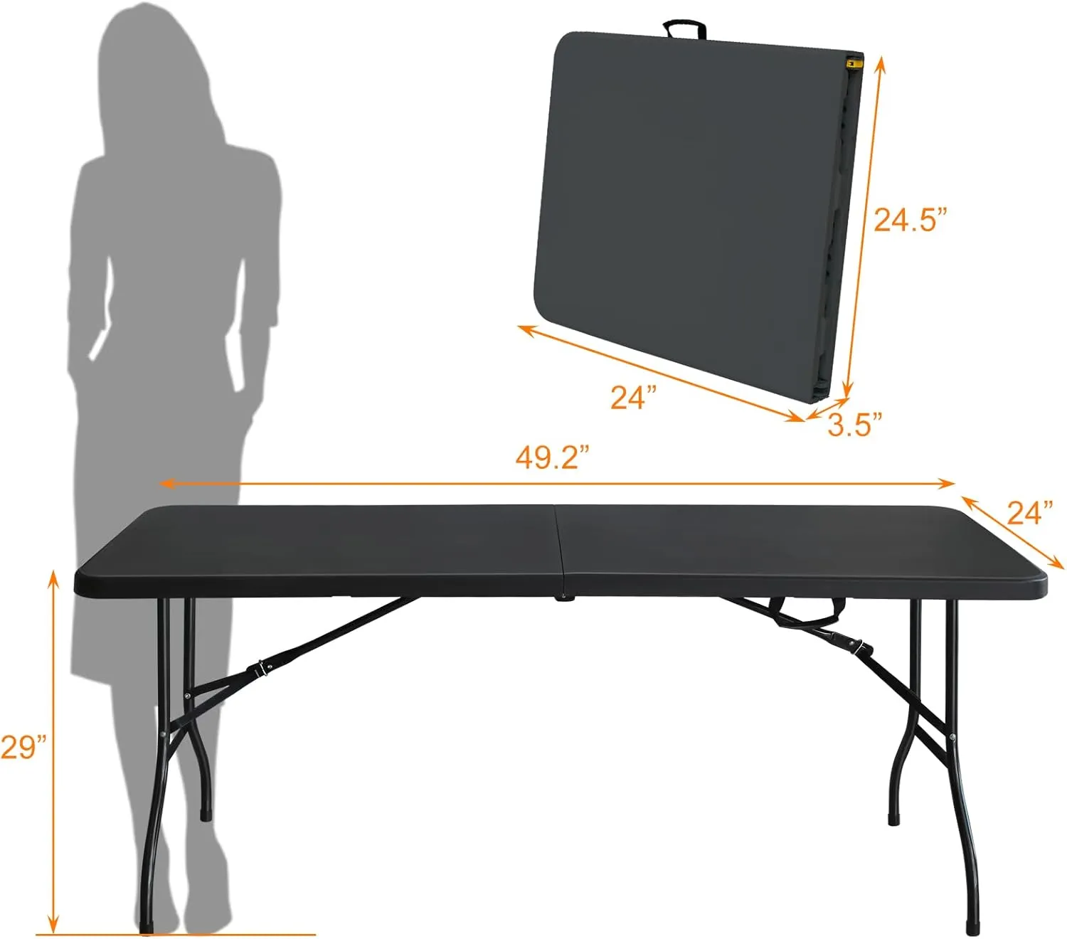 6 Foot Portable Folding Table Large Lightweight Indoor Outdoor Picnic Beach Camping Dining Fold Out Table, Iron Utility Table Folding Desk with Carry Handle, Black