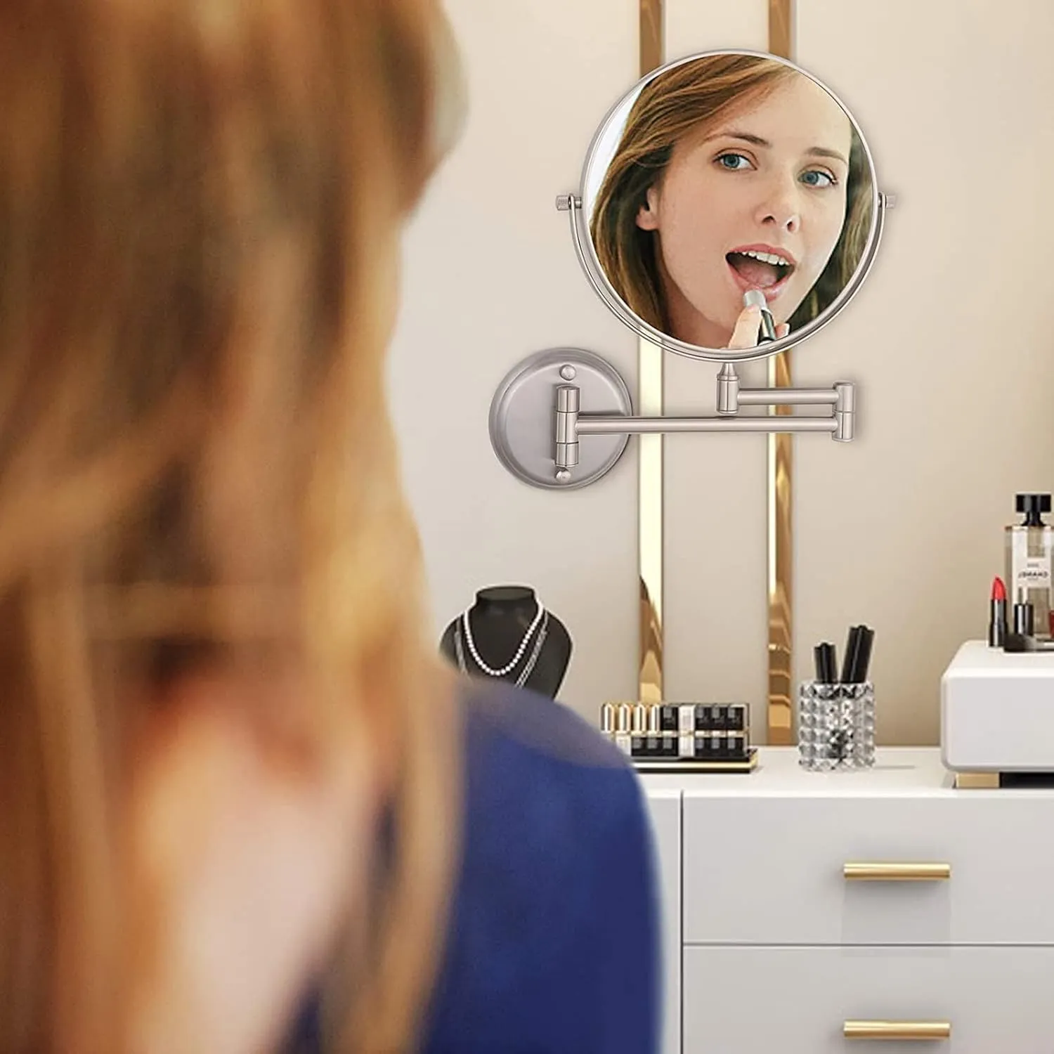 6 Inch Wall-Mounted Make-up Mirror, Shaving Mirrors for Wall, 7X Magnification 360 Degree Rotation Double-Sided Make-up Mirrors for Bathrooms, Silver White