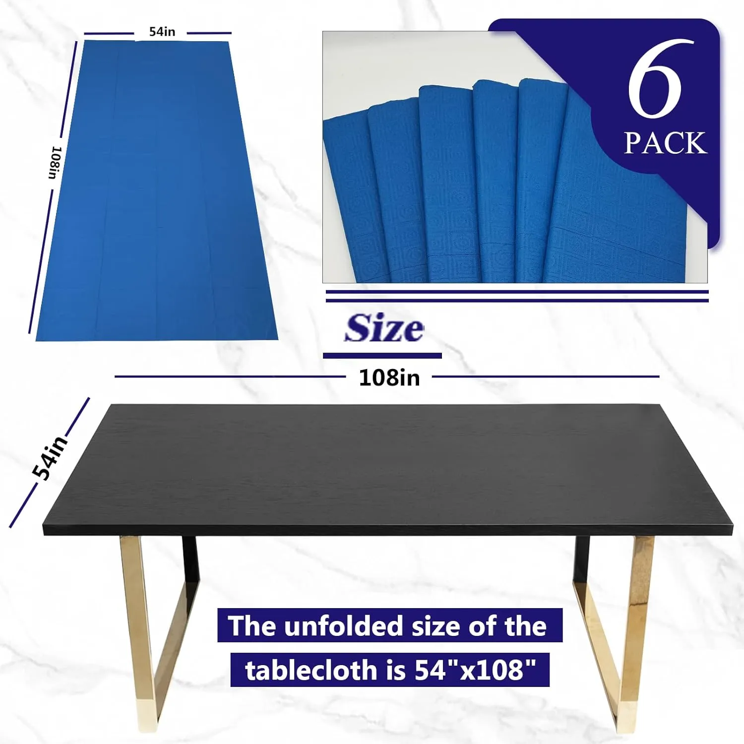 [6 Pack] Blue Paper Tablecloth Disposable for Rectangle Tables, 54 X 108 Inch Buffet Party Table Cover with Plastic Backing, Waterproof 3 Ply Table Cloth for Outdoor Indoor Banquet Birthday BBQ