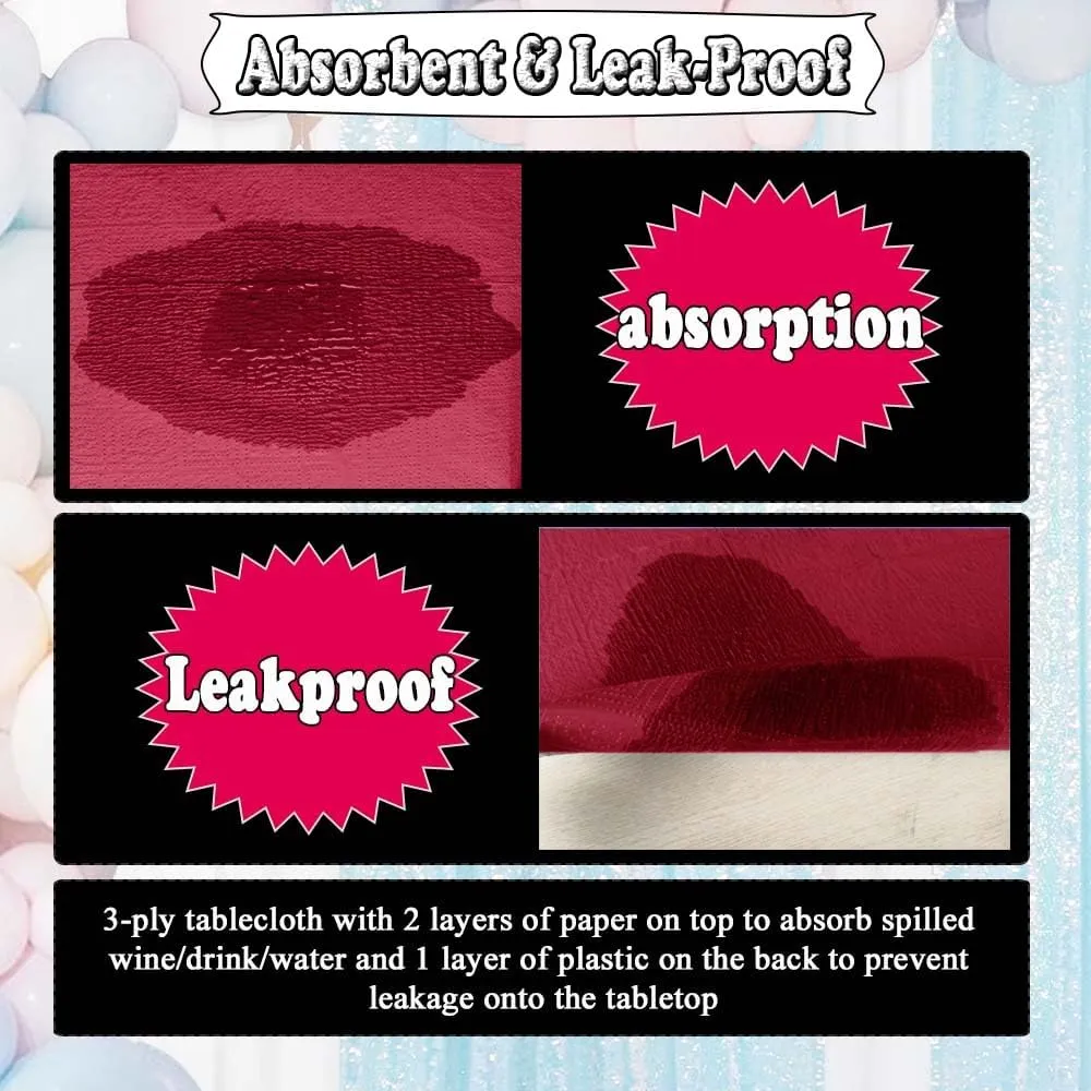 [6 Pack] Burgundy Paper Tablecloth Disposable for Rectangle Tables, 54 X 108 Inch Party Table Cover with Plastic Backing, Waterproof 3 Ply Table Cloth for Christmas Party Xmas