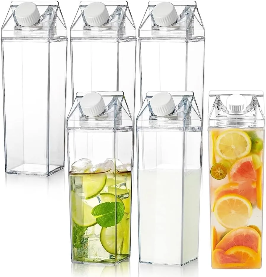 6 Pack Milk Carton Water Bottles 17oz/500ml Leak Proof Plastic Water Bottle Reusable BPA Free Sports Water Bottle Carton Shaped Juice Milk Bottle for Gym Camping Hiking Travel Sports, Dishwasher Safe