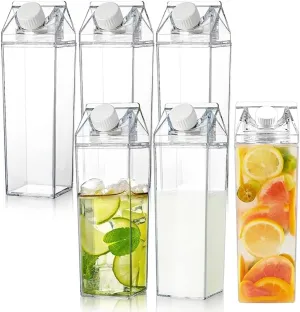6 Pack Milk Carton Water Bottles 17oz/500ml Leak Proof Plastic Water Bottle Reusable BPA Free Sports Water Bottle Carton Shaped Juice Milk Bottle for Gym Camping Hiking Travel Sports, Dishwasher Safe