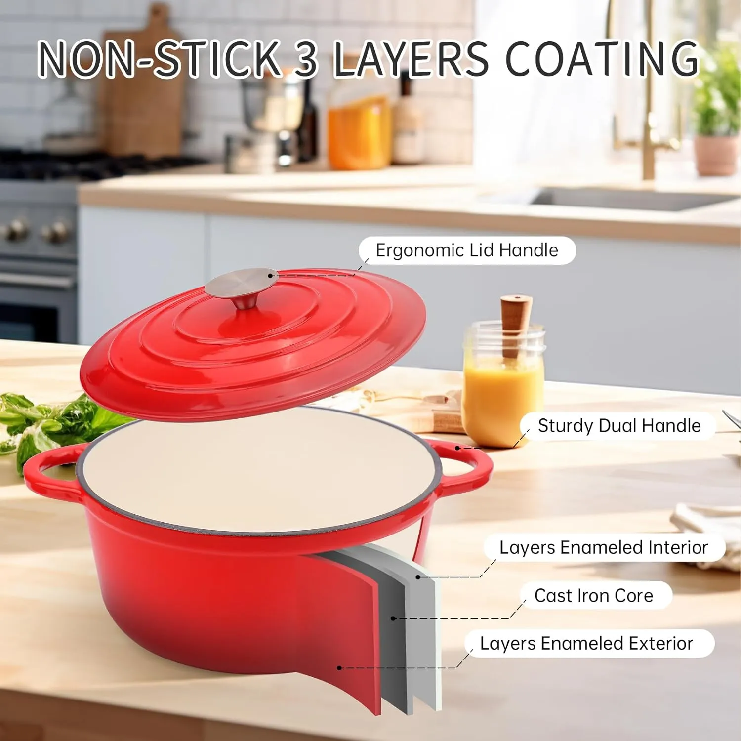 6 Quart Enameled Cast Iron Dutch Oven Pot with Lid, Oven Safe up to 500°F or on Stovetop, Non-stick Dutch Oven for Bread Baking, Cooking, Dual Handles Cookware, Crimson Red