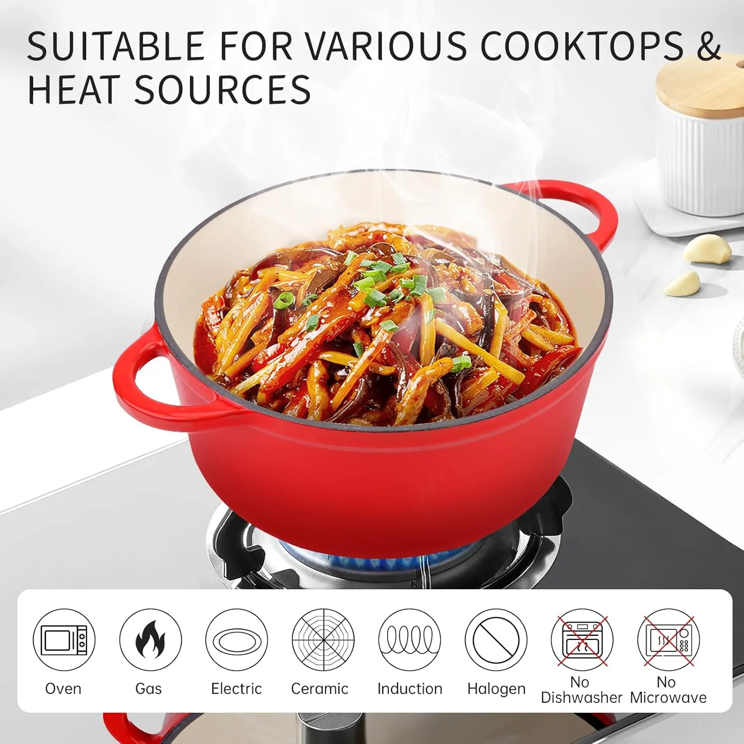 6 Quart Enameled Cast Iron Dutch Oven Pot with Lid, Oven Safe up to 500°F or on Stovetop, Non-stick Dutch Oven for Bread Baking, Cooking, Dual Handles Cookware, Crimson Red